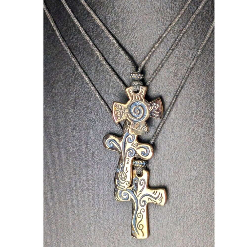 Silver Cross Necklace Triple Layer Black Choker Goth Unisex Lengths 15-18 + 3"